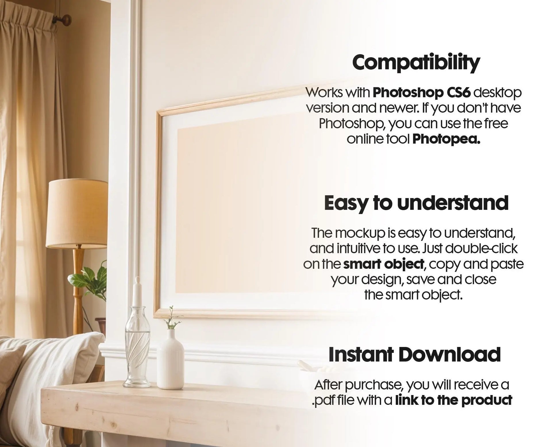 Horizontal Frame Mockup PSD, Scandinavian Wooden Frame Mockup, Poster Mockup PSD , Frame Mockup for Print, Frame Mockup Smart Object