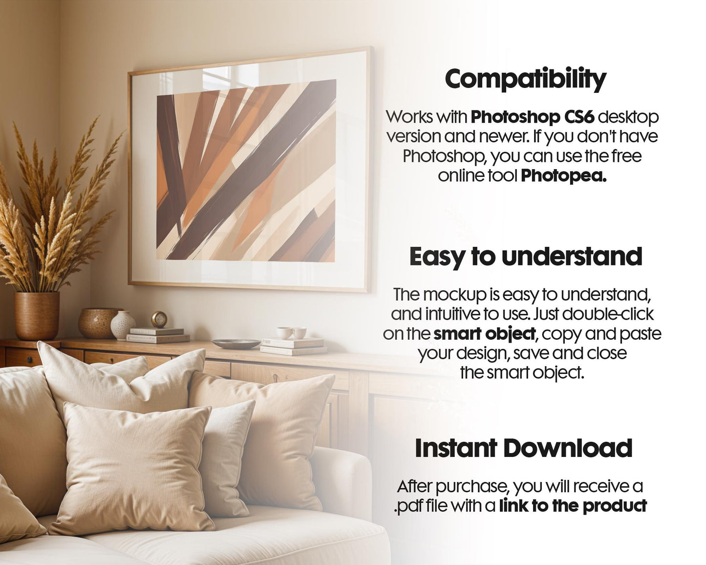 Horizontal Frame Mockup PSD, Scandinavian Wooden Frame Mockup, Poster Mockup PSD , Frame Mockup for Print, Frame Mockup Smart Object