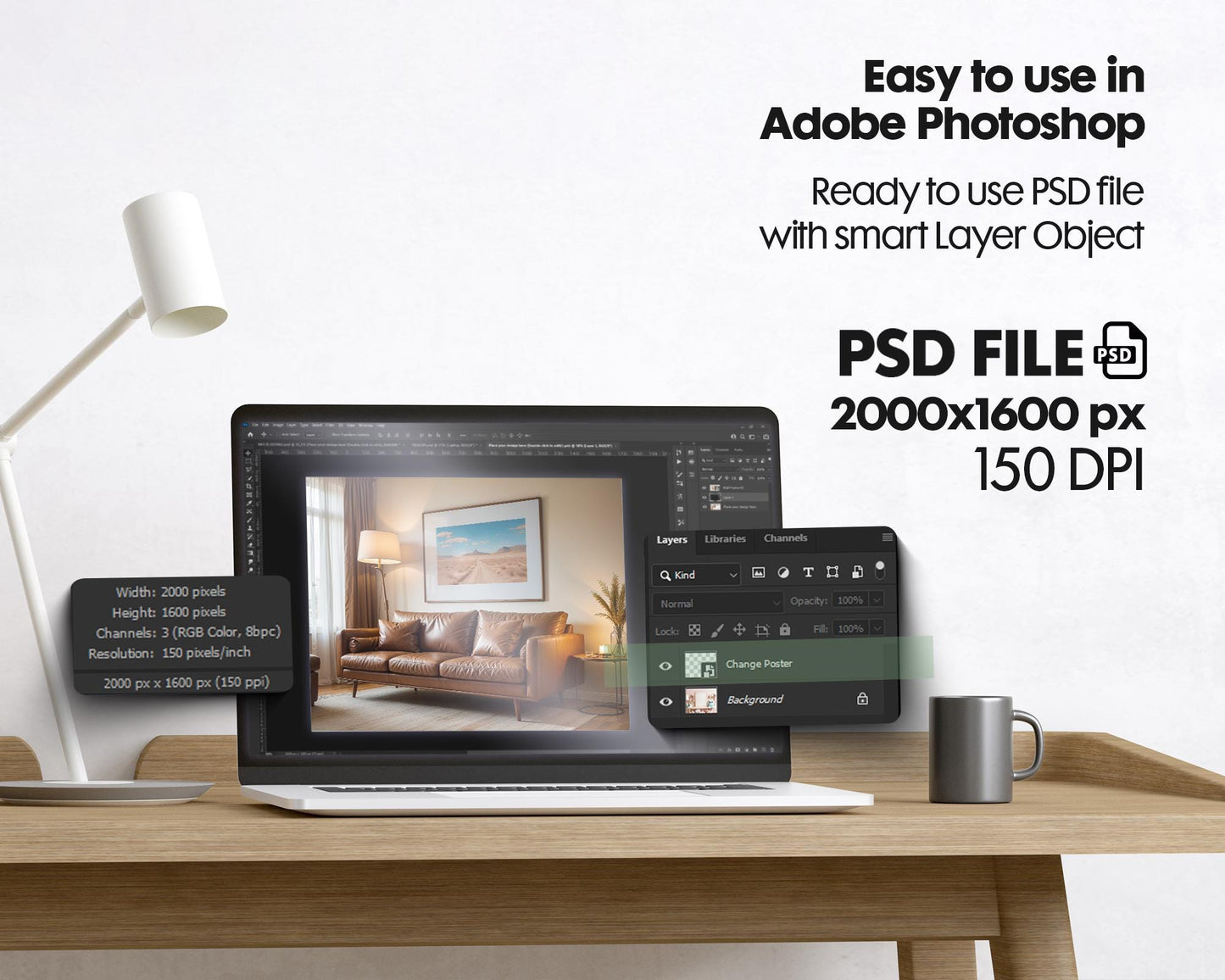 Horizontal Frame Mockup PSD, Scandinavian Wooden Frame Mockup, Poster Mockup PSD , Frame Mockup for Print, Frame Mockup Smart Object