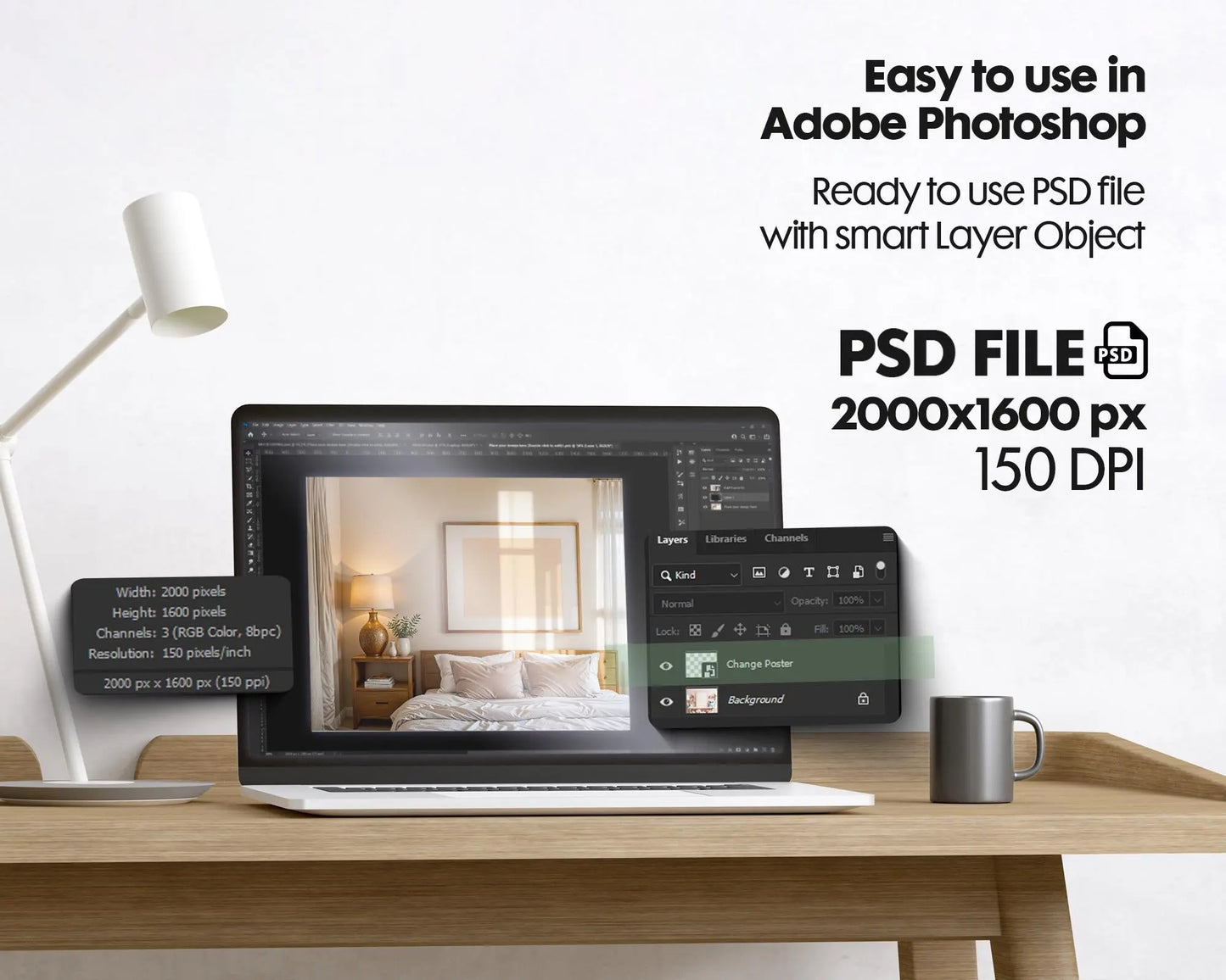 Horizontal Frame Mockup PSD, Scandinavian Wooden Frame Mockup, Poster Mockup PSD , Frame Mockup for Print, Frame Mockup Smart Object