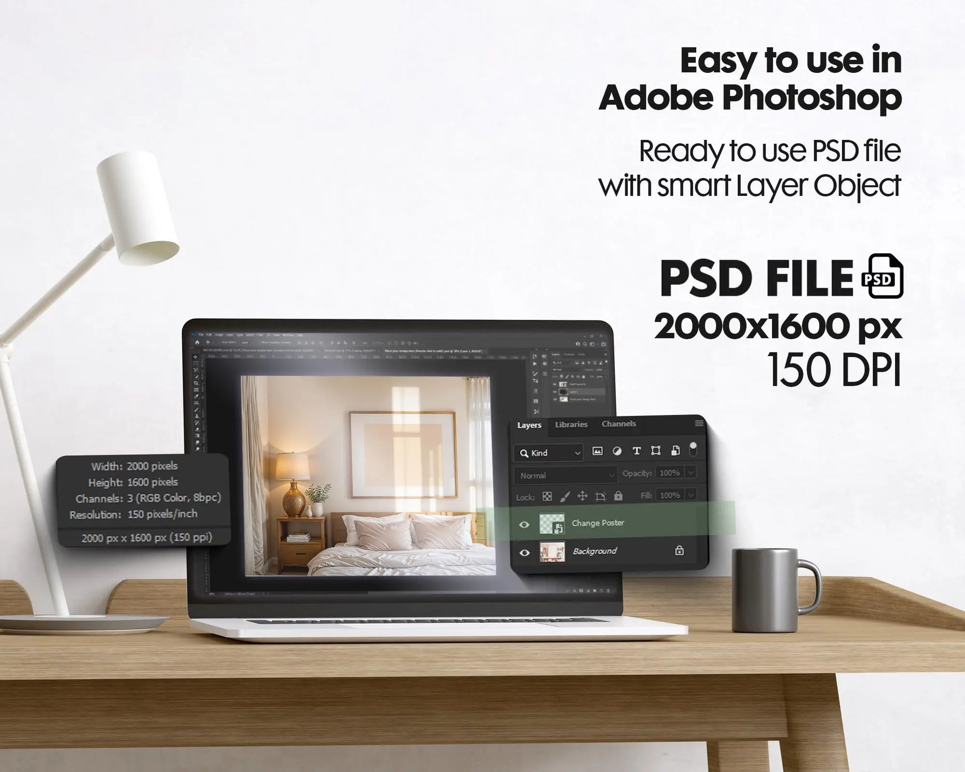 Horizontal Frame Mockup PSD, Scandinavian Wooden Frame Mockup, Poster Mockup PSD , Frame Mockup for Print, Frame Mockup Smart Object