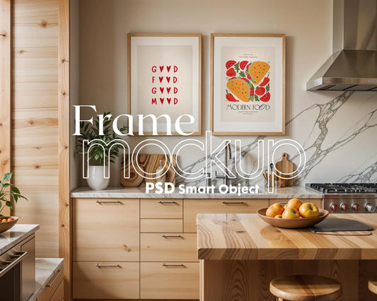 Frame Mockup in Kitchen, ISO A DIN Ratio, Thin Wood Frame, PSD Mockup, Minimal Modern Home Interior Design Mockup
