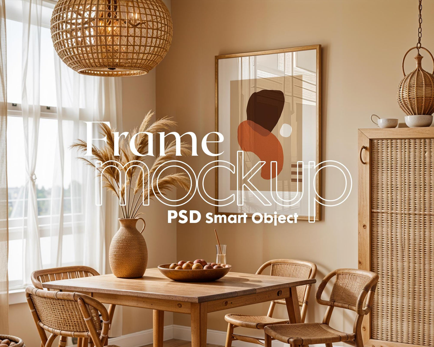 Frame Mockup in Kitchen, ISO A DIN Ratio, Thin Wood Frame, PSD Mockup, Minimal Modern Home Interior Design Mockup