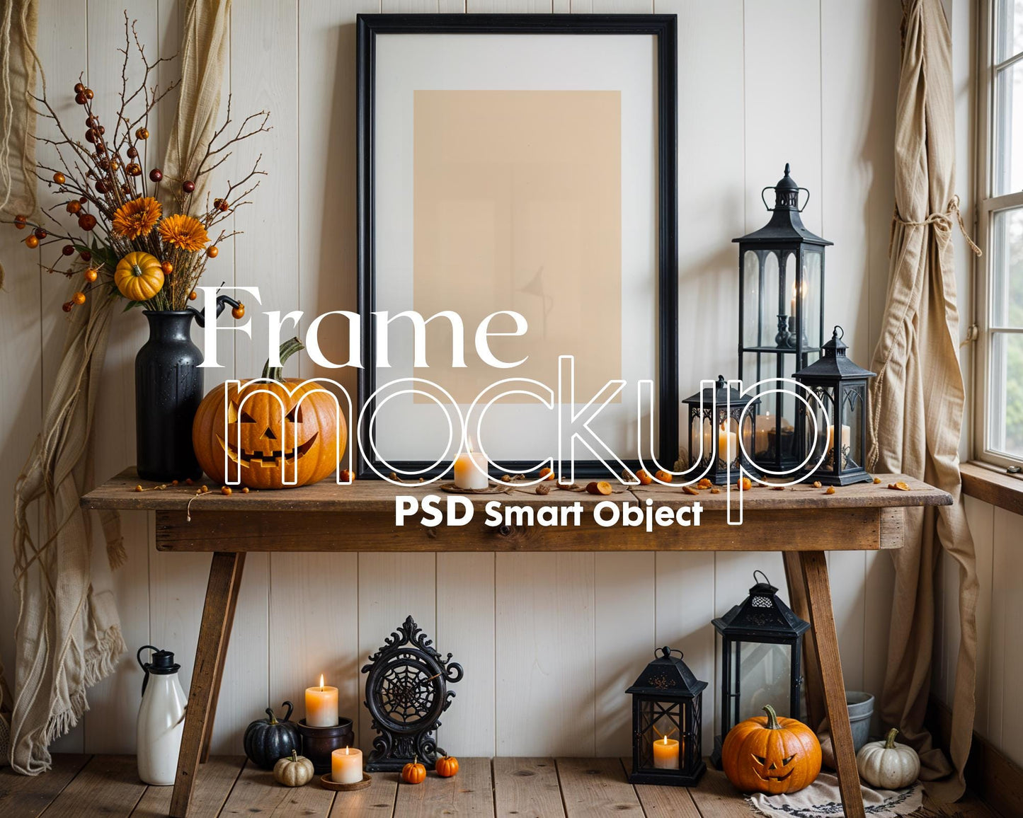 Halloween Frame Mockup PSD, Halloween Wall Art, Rustic Autumn & Pumpkins Vertical Artwork, Spooky Art Mockup,