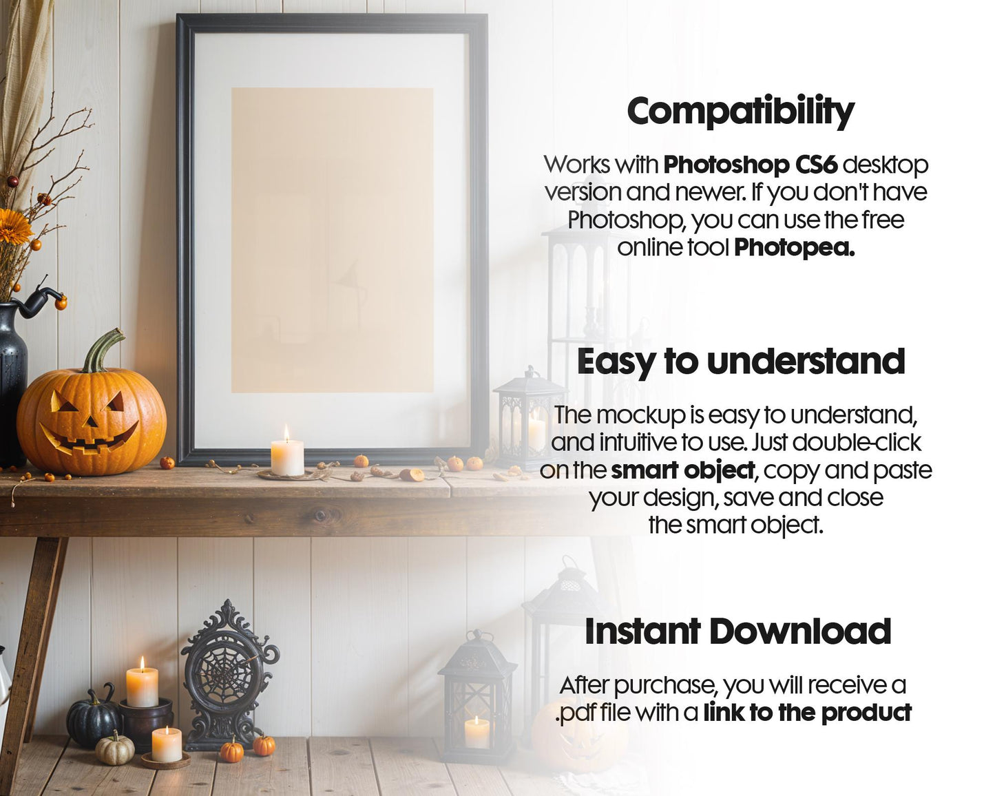 Halloween Frame Mockup PSD, Halloween Wall Art, Rustic Autumn & Pumpkins Vertical Artwork, Spooky Art Mockup,