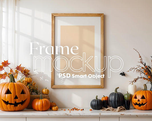 Halloween Frame Mockup PSD, Halloween Wall Art, Rustic Autumn & Pumpkins Vertical Artwork, Spooky Art Mockup,