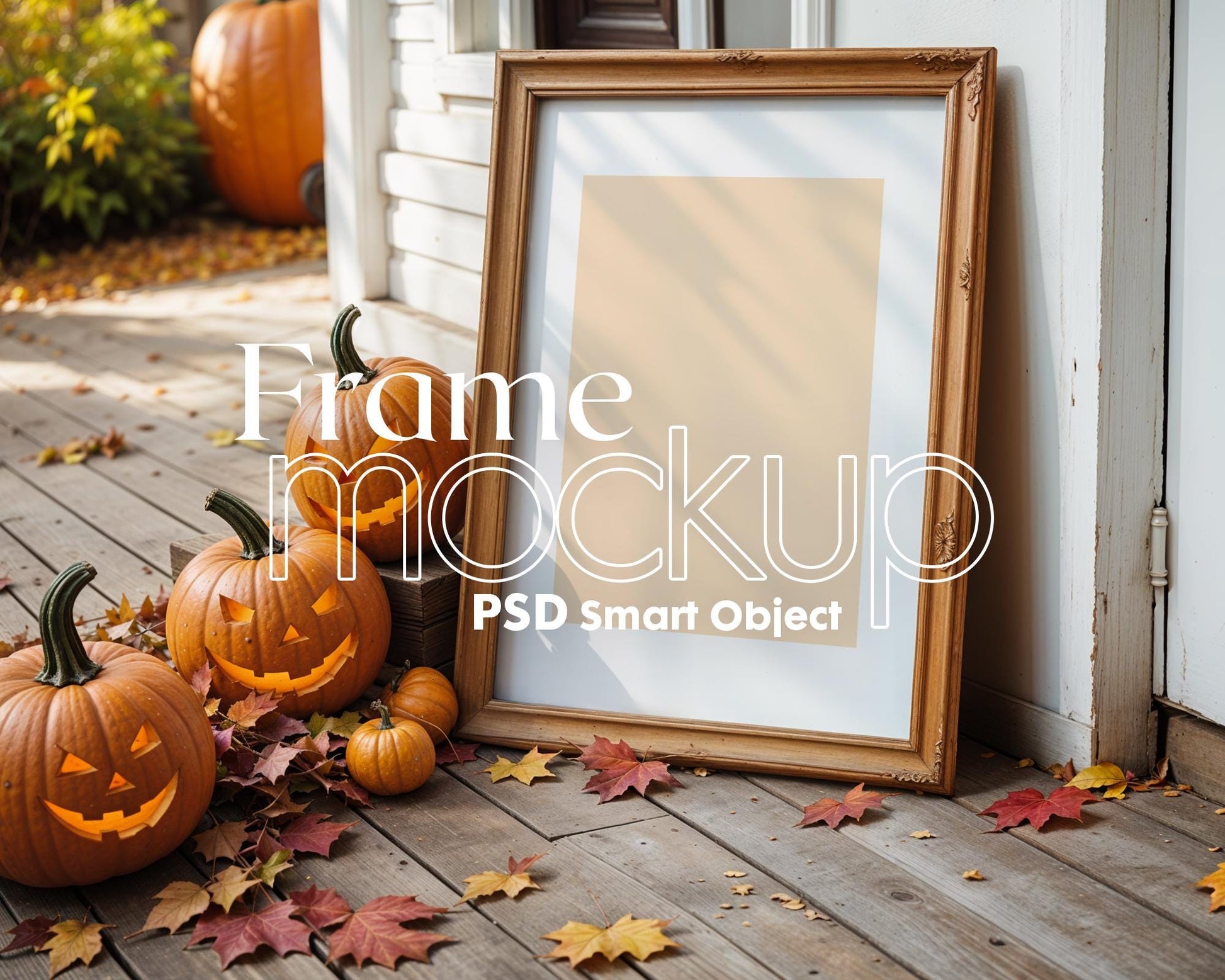 Halloween Frame Mockup PSD, Halloween Wall Art, Rustic Autumn & Pumpkins Vertical Artwork, Spooky Art Mockup,