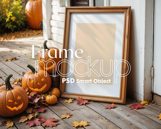 Halloween Frame Mockup PSD, Halloween Wall Art, Rustic Autumn & Pumpkins Vertical Artwork, Spooky Art Mockup,