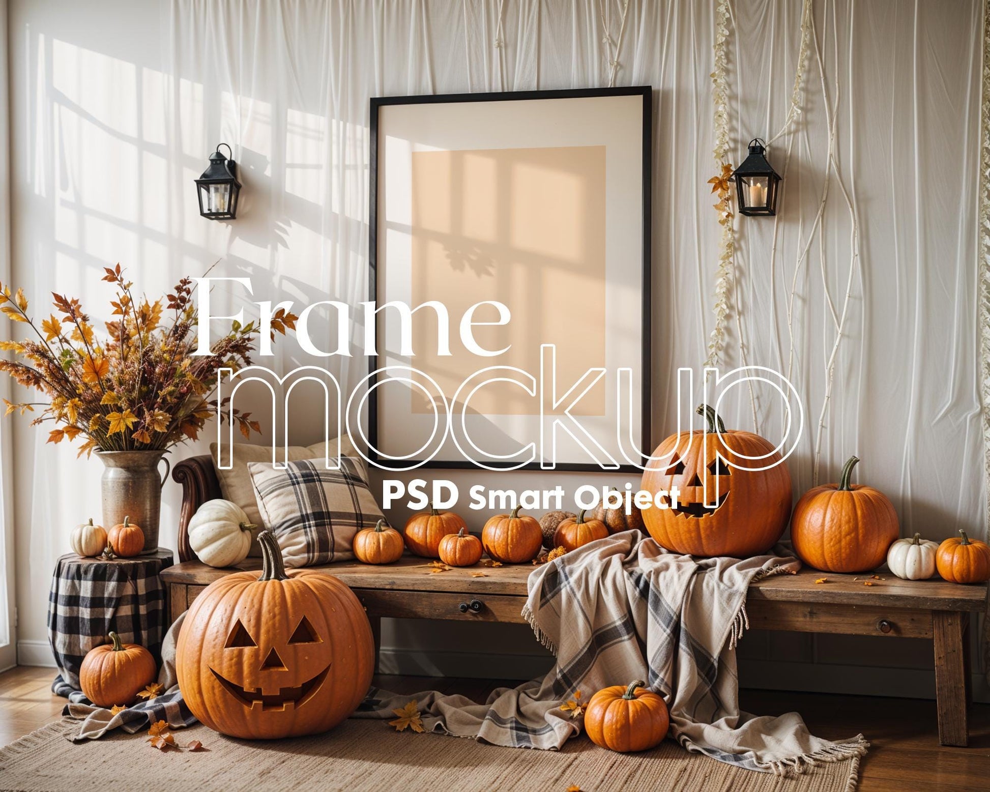 Halloween Frame Mockup PSD, Halloween Wall Art, Rustic Autumn & Pumpkins Vertical Artwork, Spooky Art Mockup,