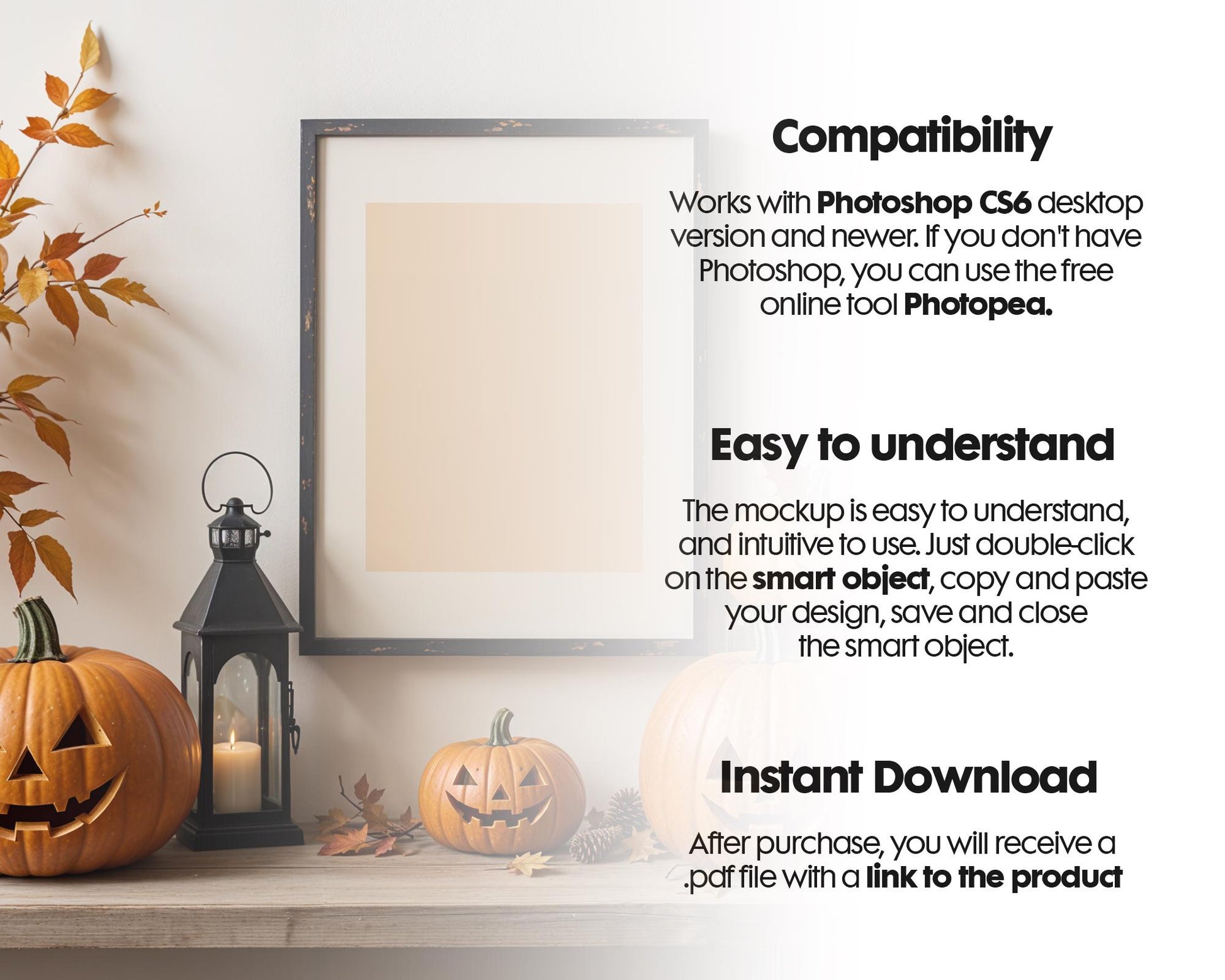 Halloween Frame Mockup PSD, Halloween Wall Art, Rustic Autumn & Pumpkins Vertical Artwork, Spooky Art Mockup,