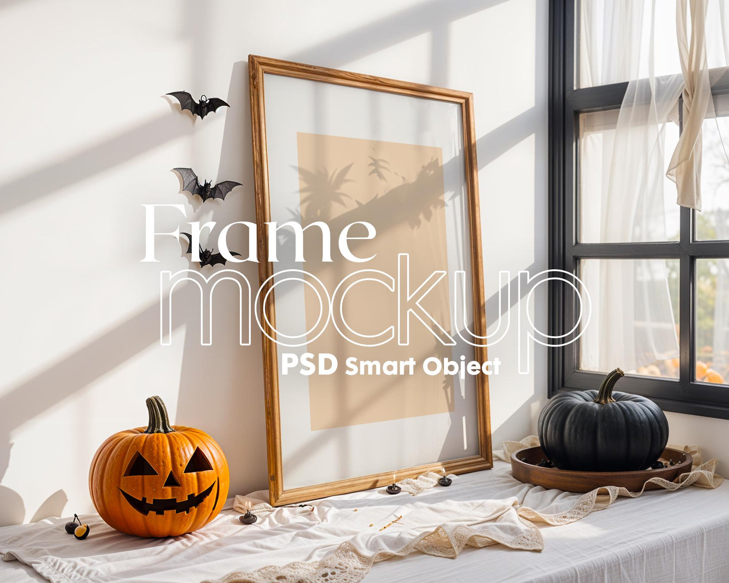 Halloween Frame Mockup PSD, Halloween Wall Art, Rustic Autumn & Pumpkins Vertical Artwork, Spooky Art Mockup,