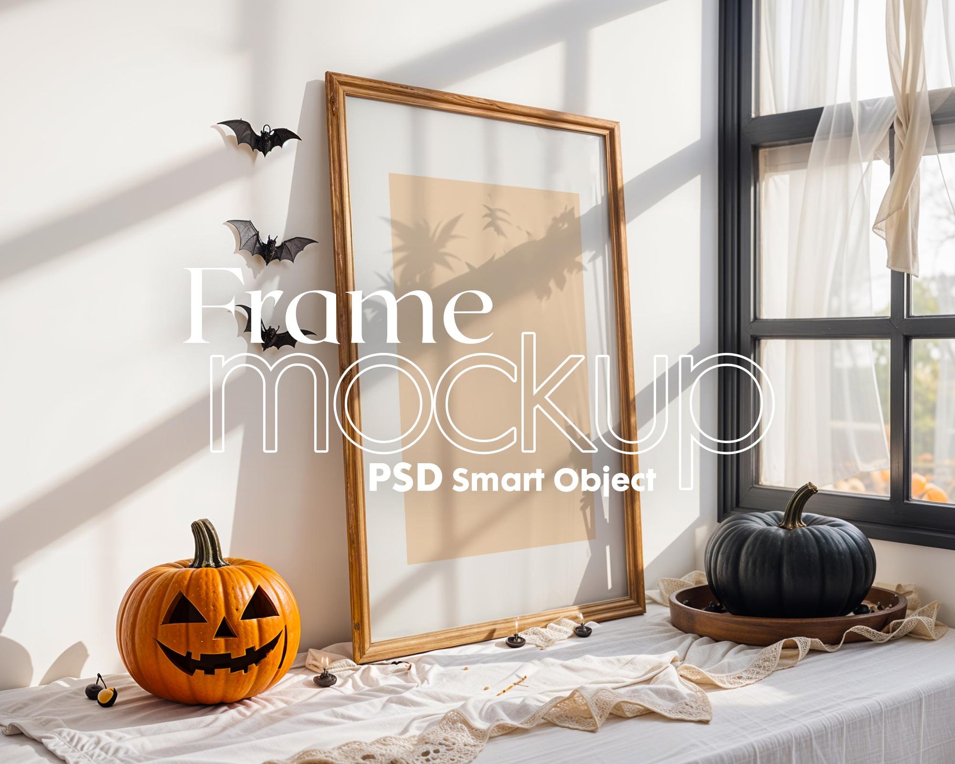 Halloween Frame Mockup PSD, Halloween Wall Art, Rustic Autumn & Pumpkins Vertical Artwork, Spooky Art Mockup,