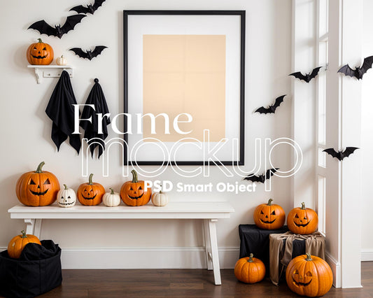 Halloween Frame Mockup PSD, Halloween Wall Art, Rustic Autumn & Pumpkins Vertical Artwork, Spooky Art Mockup,