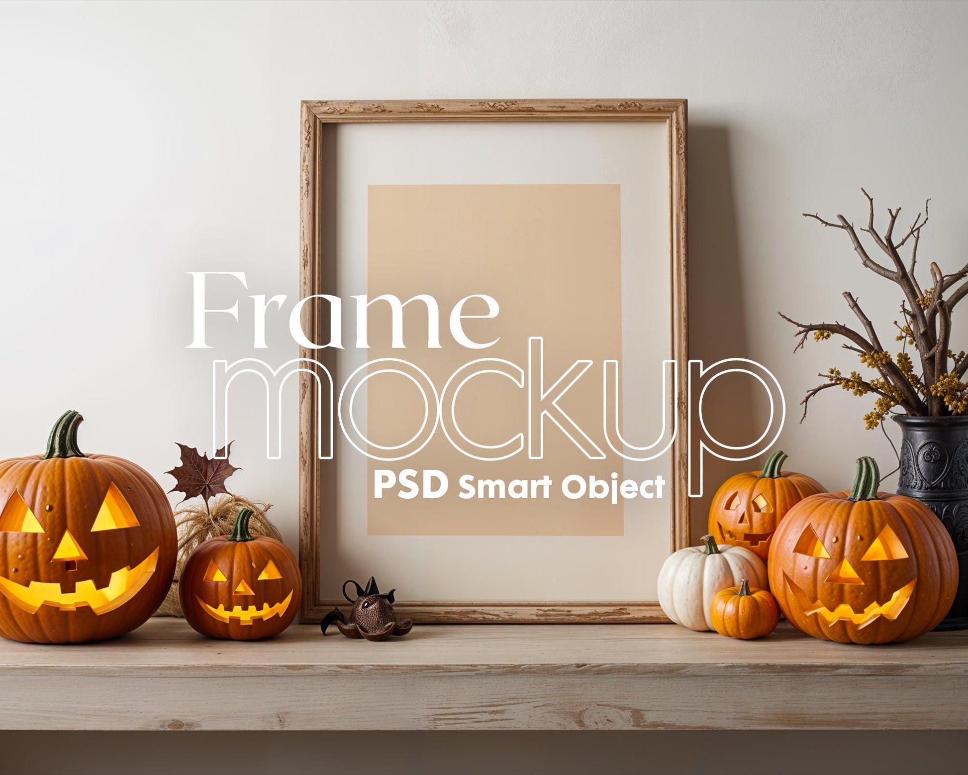 Halloween Frame Mockup PSD, Halloween Wall Art, Rustic Autumn & Pumpkins Vertical Artwork, Spooky Art Mockup,
