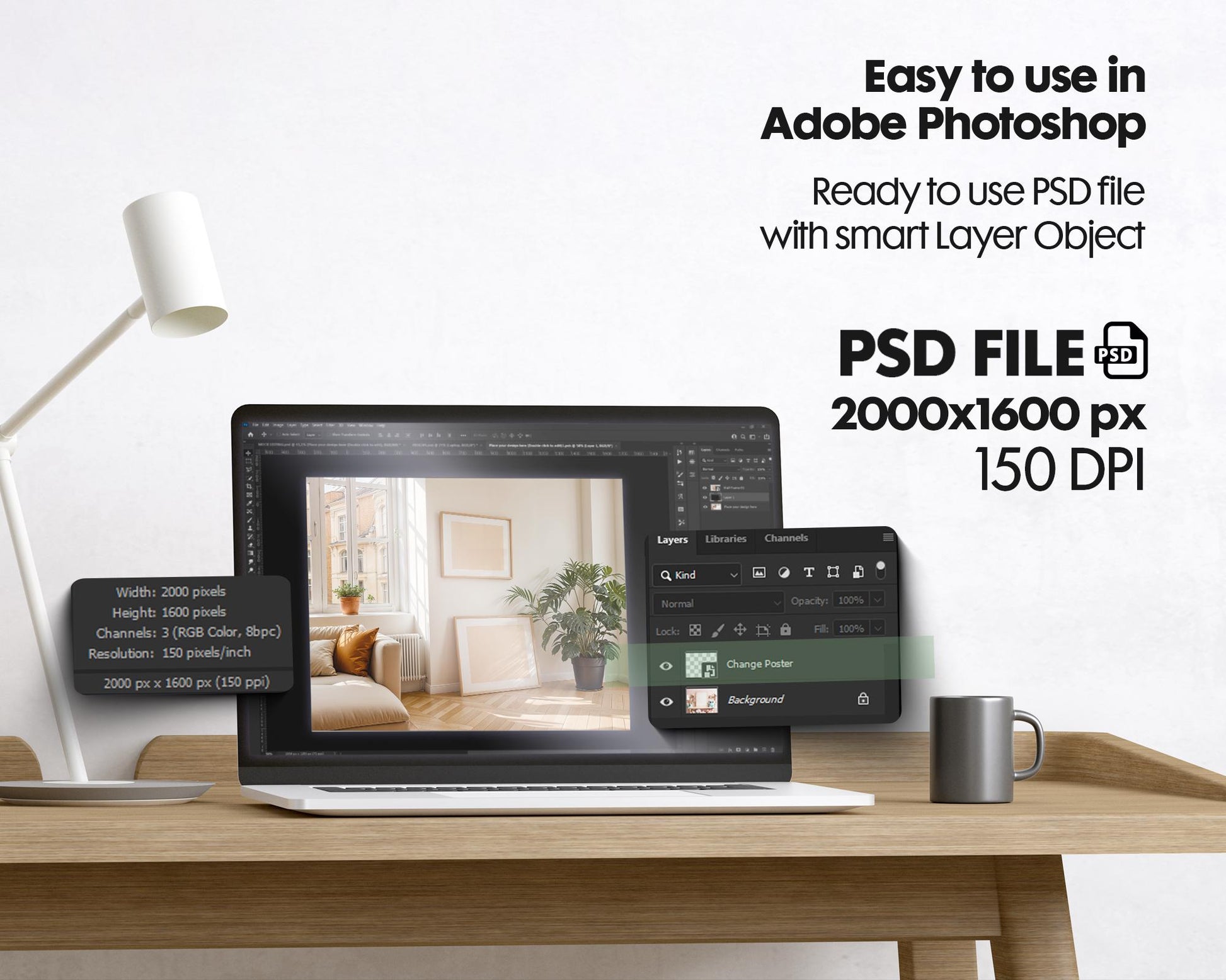 Scandinavian Interior Poster Horizontal Frame Mockup, Minimalist Decor Frame Mockup for Digital Download,