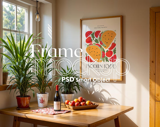 Frame Mockup in Kitchen, ISO A DIN Ratio, Thin Wood Frame, PSD Mockup, Minimal Modern Home Interior Design Mockup