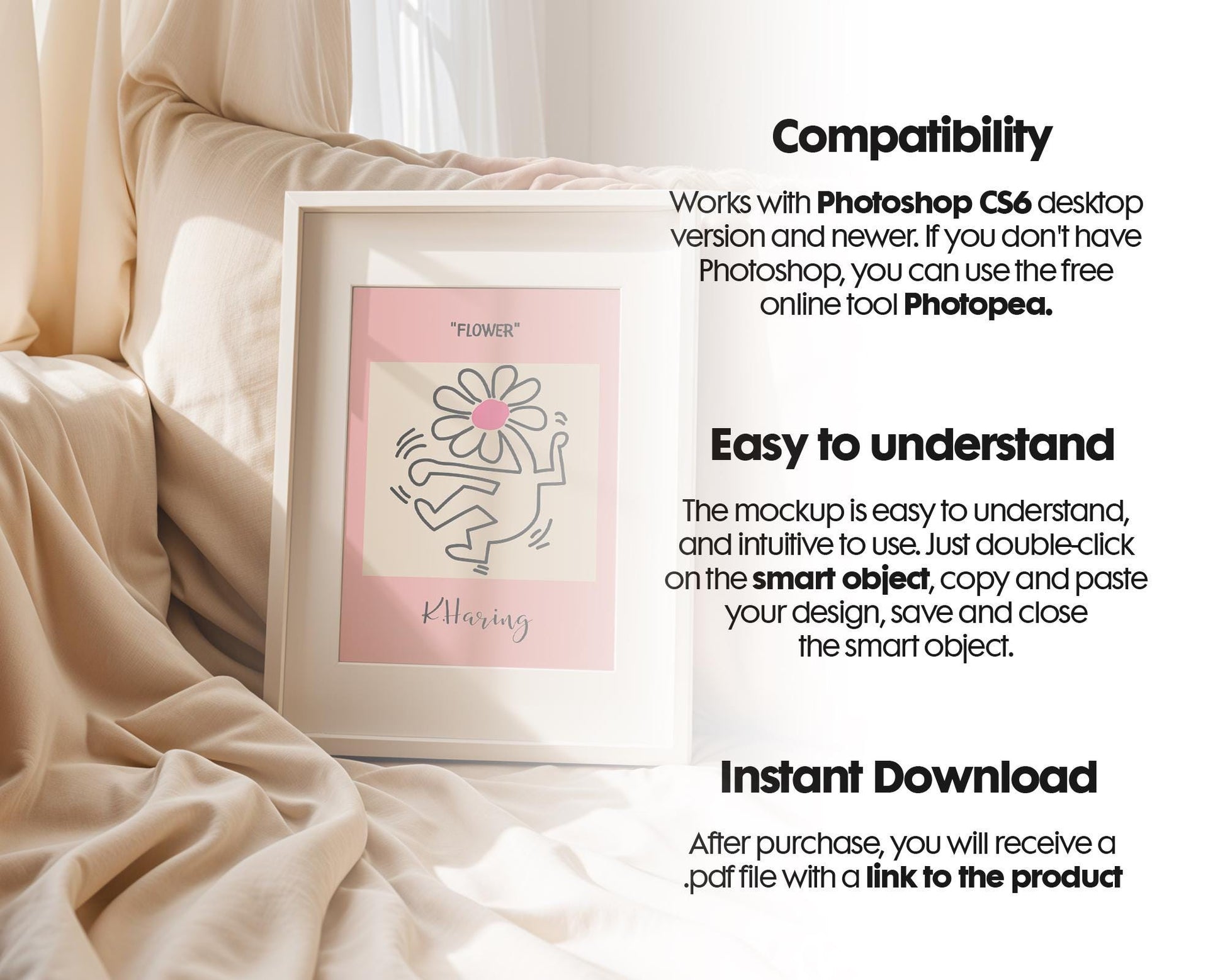 Blank Picture Frame Mockup, Minimalist Picture Frame Mockup for Digital Download, Posters and Artwork Smart Object Instant Download