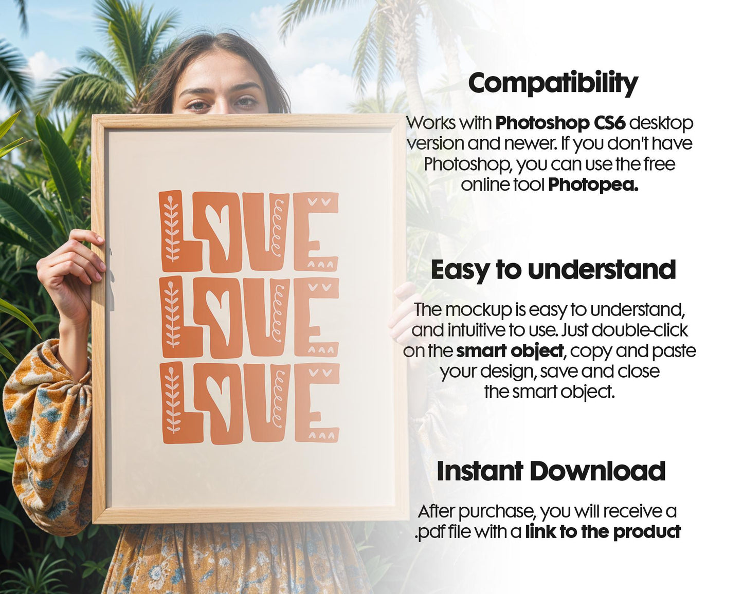 Frame Mockup With Person, PSD Photoshop Mockup, Frame Mockup Home Interior, Interior Frame Mockup Woman