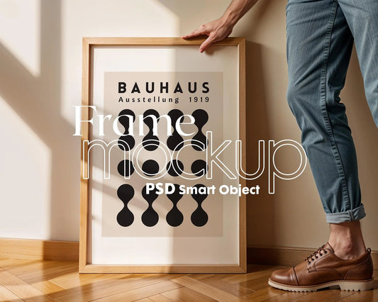 Frame Mockup With Person, Minimal Wooden Frame Mockup, PSD Frame Mockup Home Interior with Man, Father holding frame