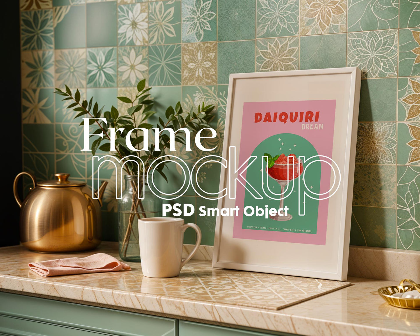 Frame Mockup in Kitchen, ISO A DIN Ratio, Thin Wood Frame, PSD Mockup, Minimal Modern Home Interior Design Mockup