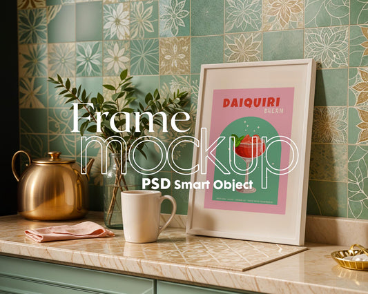 Frame Mockup in Kitchen, ISO A DIN Ratio, Thin Wood Frame, PSD Mockup, Minimal Modern Home Interior Design Mockup