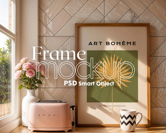 Frame Mockup in Kitchen, ISO A DIN Ratio, Thin Wood Frame, PSD Mockup, Minimal Modern Home Interior Design Mockup