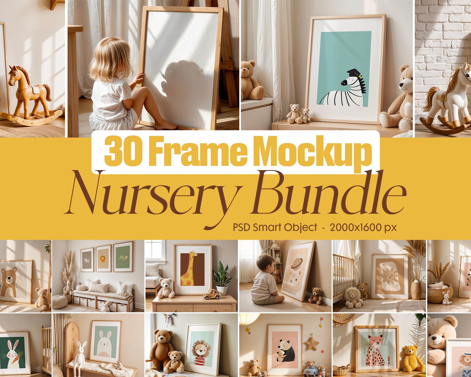 Baby Room Frame Mockup Bundle PSD | 30 High-Quality Frame Mockups | Baby Room Wall Poster | Wall Frame Mockup | Poster Mockup PSD