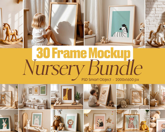 Baby Room Frame Mockup Bundle PSD | 30 High-Quality Frame Mockups | Baby Room Wall Poster | Wall Frame Mockup | Poster Mockup PSD