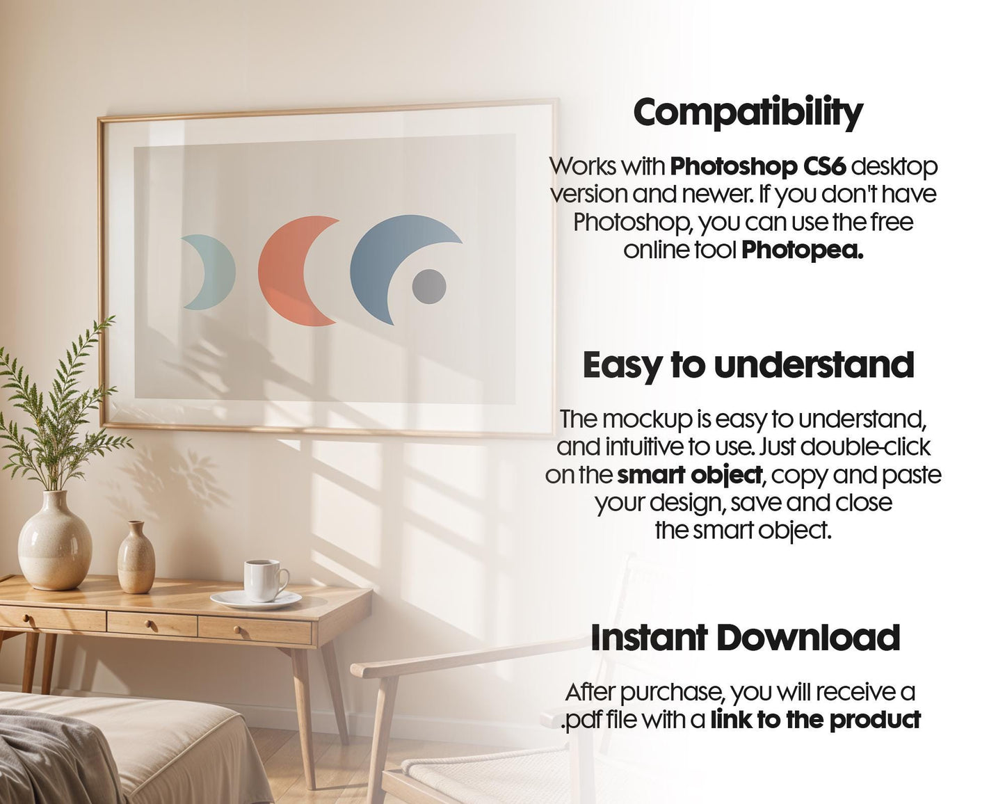 Horizontal Frame Mockup PSD, Scandinavian Wooden Frame Mockup, Poster Mockup PSD , Frame Mockup for Print, Frame Mockup Smart Object