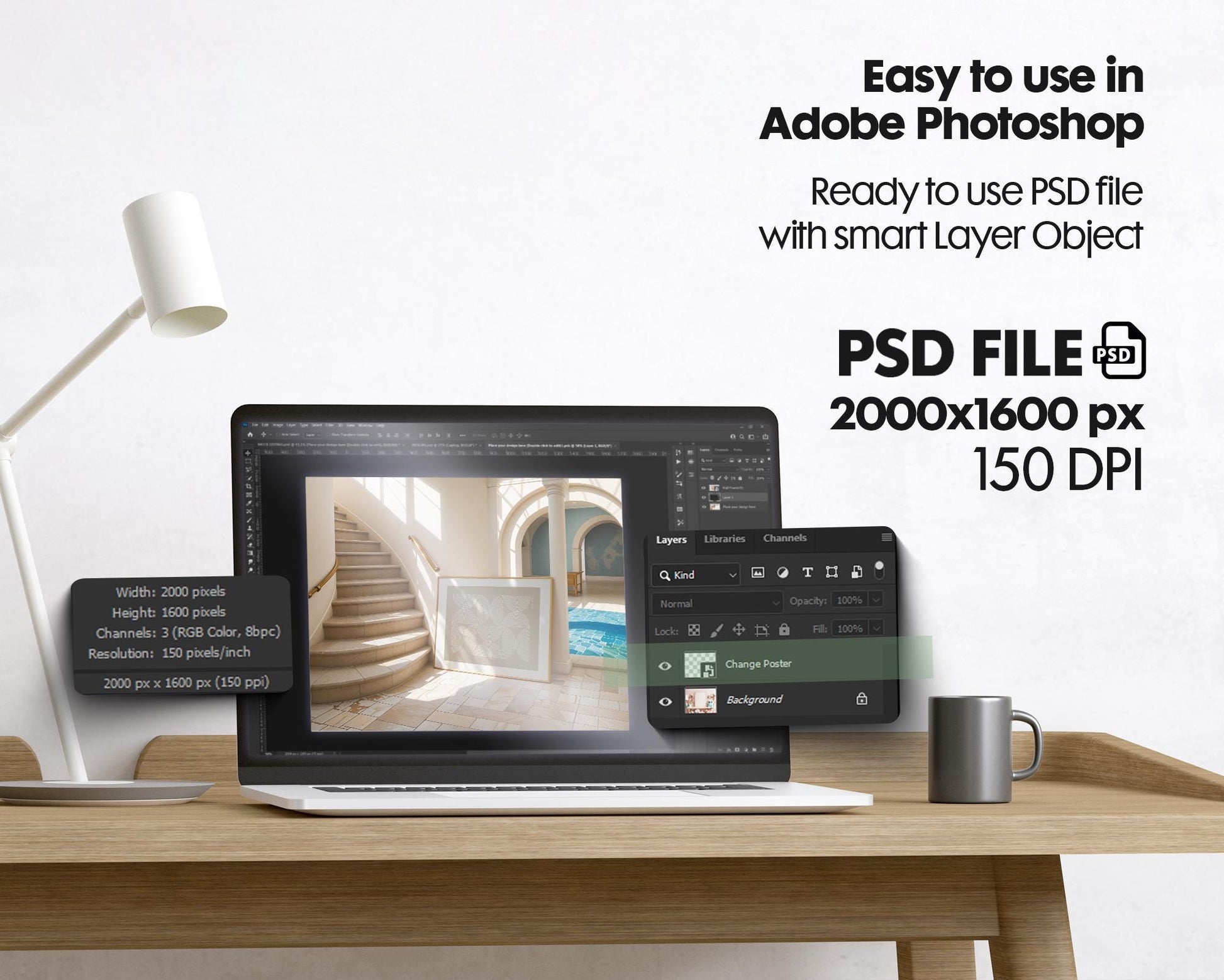 Horizontal Frame Mockup PSD, Scandinavian Wooden Frame Mockup, Poster Mockup PSD , Frame Mockup for Print, Frame Mockup Smart Object