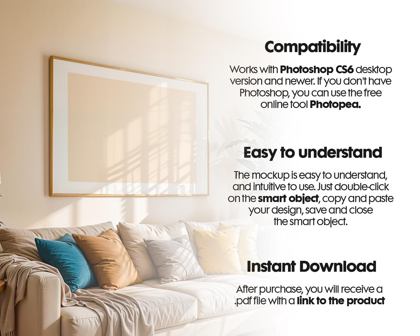 Horizontal Frame Mockup PSD, Scandinavian Wooden Frame Mockup, Poster Mockup PSD , Frame Mockup for Print, Frame Mockup Smart Object