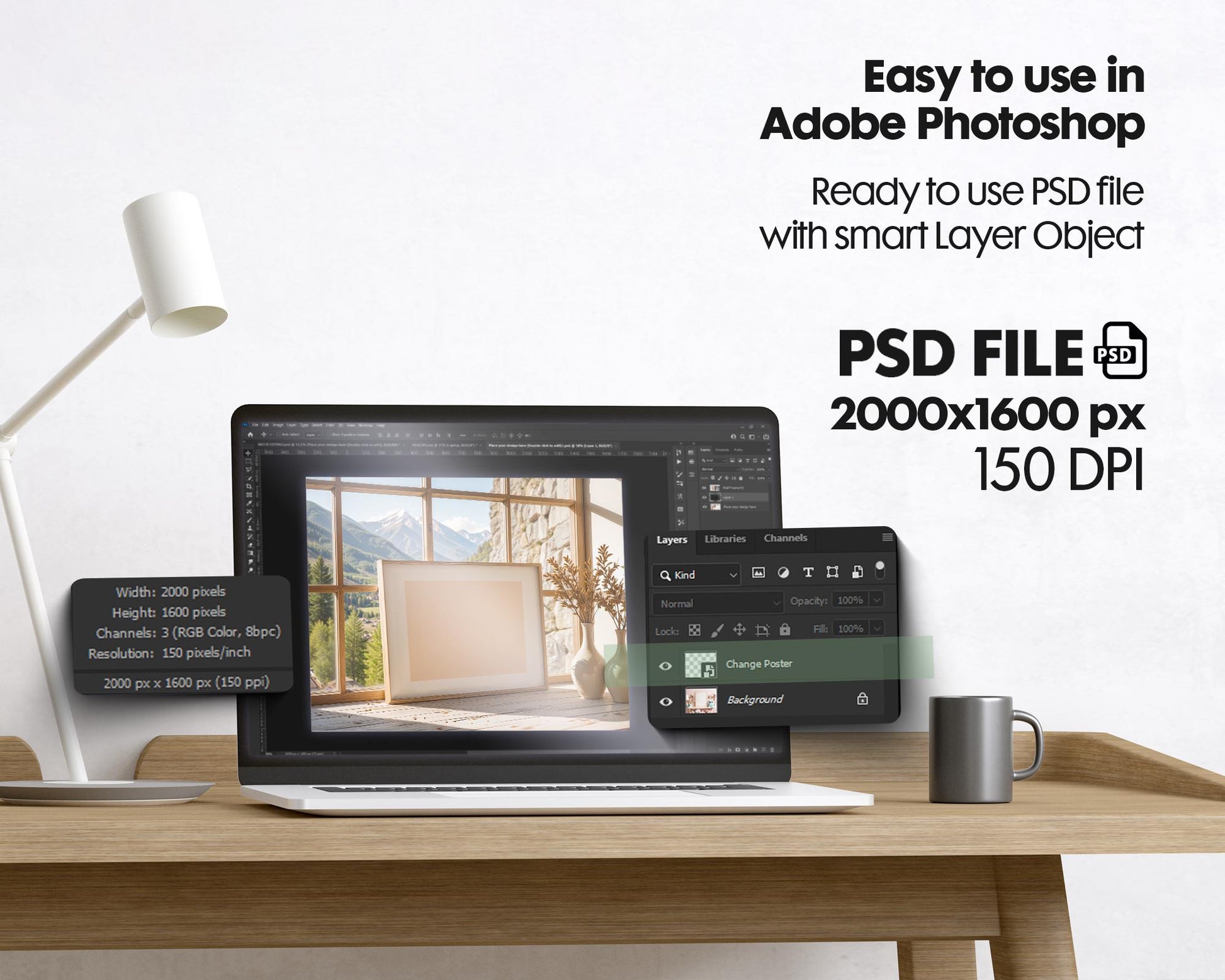 Horizontal Frame Mockup PSD, Scandinavian Wooden Frame Mockup, Poster Mockup PSD , Frame Mockup for Print, Frame Mockup Smart Object