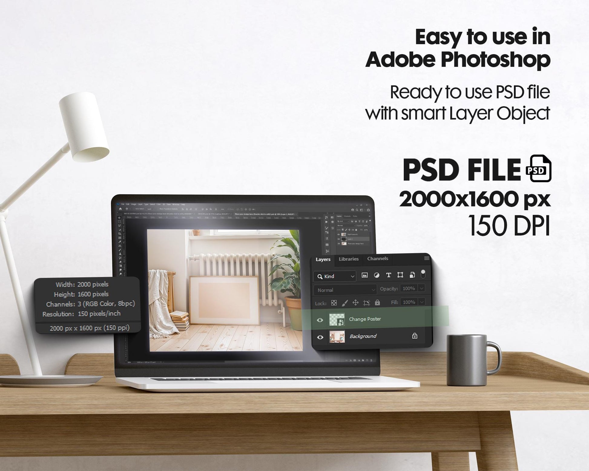 Horizontal Frame Mockup PSD, Scandinavian Wooden Frame Mockup, Poster Mockup PSD , Frame Mockup for Print, Frame Mockup Smart Object