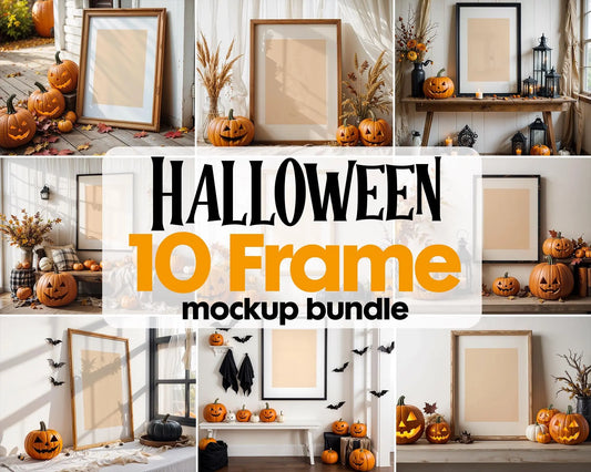10 Halloween Frame Mockup PSD, Halloween Wall Art, Rustic Autumn & Pumpkins Vertical Artwork, Spooky Art Mockup,