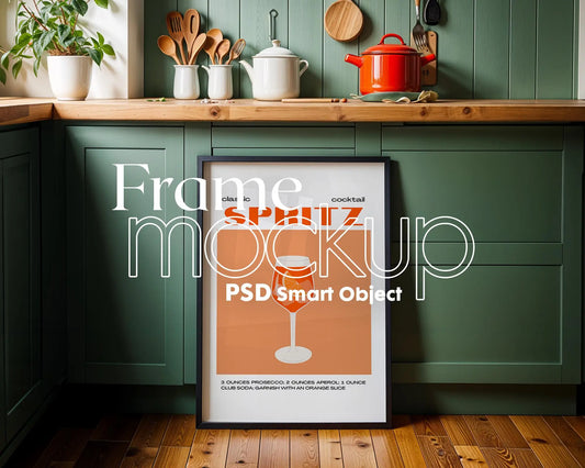 Kitchen Frame Mockup | DIN A Artwork Mockup Frames | Aesthetic Interior Vertical Wood Frame Mockup | Poster Mockup Templete PSD