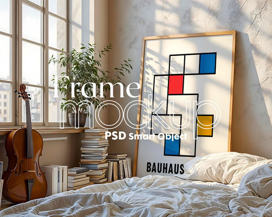 Frame Mockup in Bedroom, ISO A DIN Ratio, Thin Wood Frame, PSD Mockup, Frame Mockup Minimal Home Interior