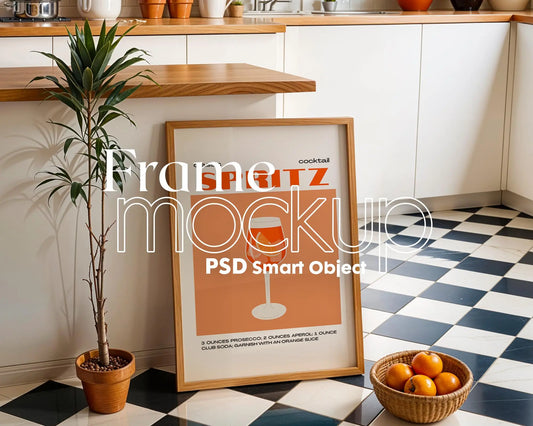 Kitchen Frame Mockup | DIN A Artwork Mockup Frames | Aesthetic Interior Vertical Wood Frame Mockup | Poster Mockup Templete PSD