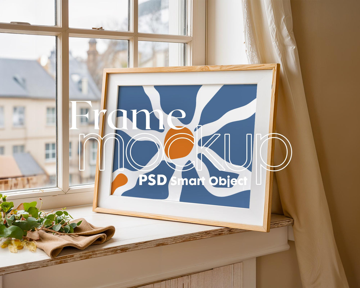 Landscape Frame Leaning On Window Sill Mockup | Mockup PSD Smart Object Interior Mockup Frame Mockup PSD Template