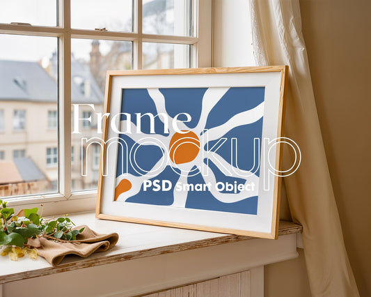 Landscape Frame Leaning On Window Sill Mockup | Mockup PSD Smart Object Interior Mockup Frame Mockup PSD Template