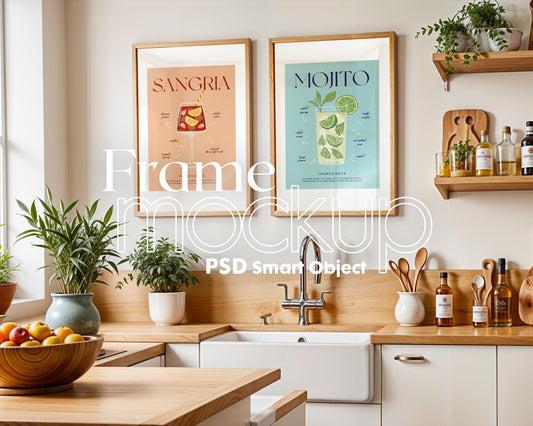 Frame Mockup in Kitchen, ISO A DIN Ratio, Thin Wood Frame, PSD Mockup, Minimal Modern Home Interior Design Mockup