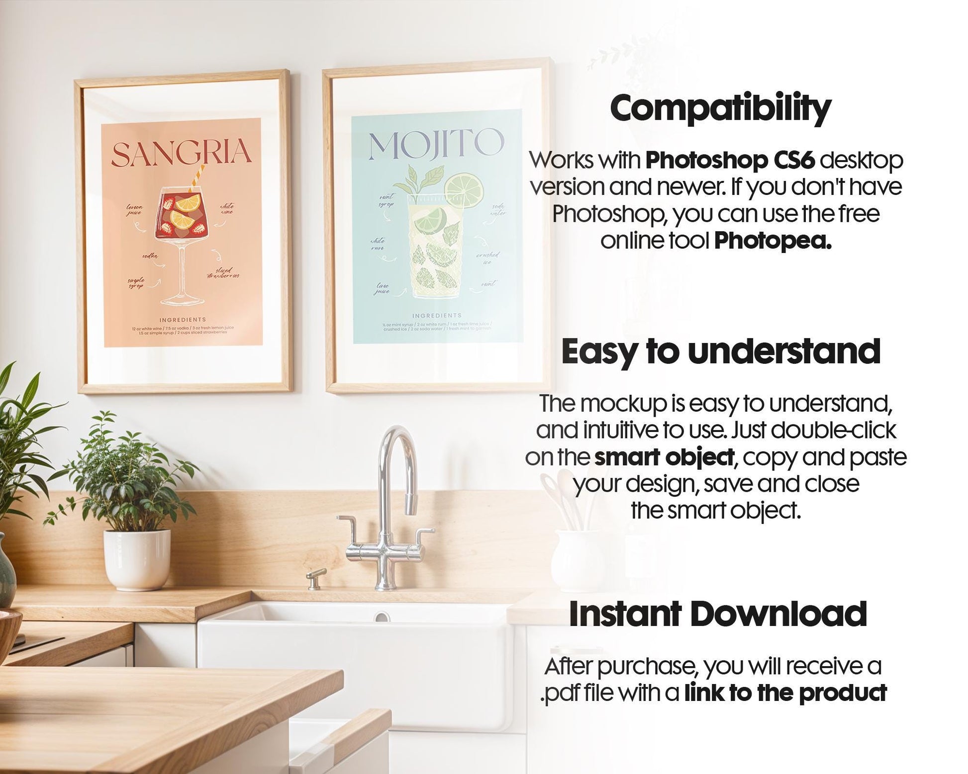 Frame Mockup in Kitchen, ISO A DIN Ratio, Thin Wood Frame, PSD Mockup, Minimal Modern Home Interior Design Mockup