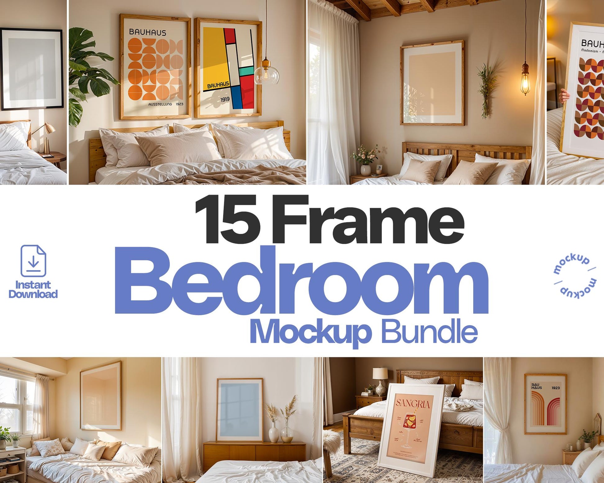 Bedroom Frame Mockup PSD Bundle - 15 Wood Frame & Wall Poster Templates for Bedroom Decor, Editable PSD Frames Set