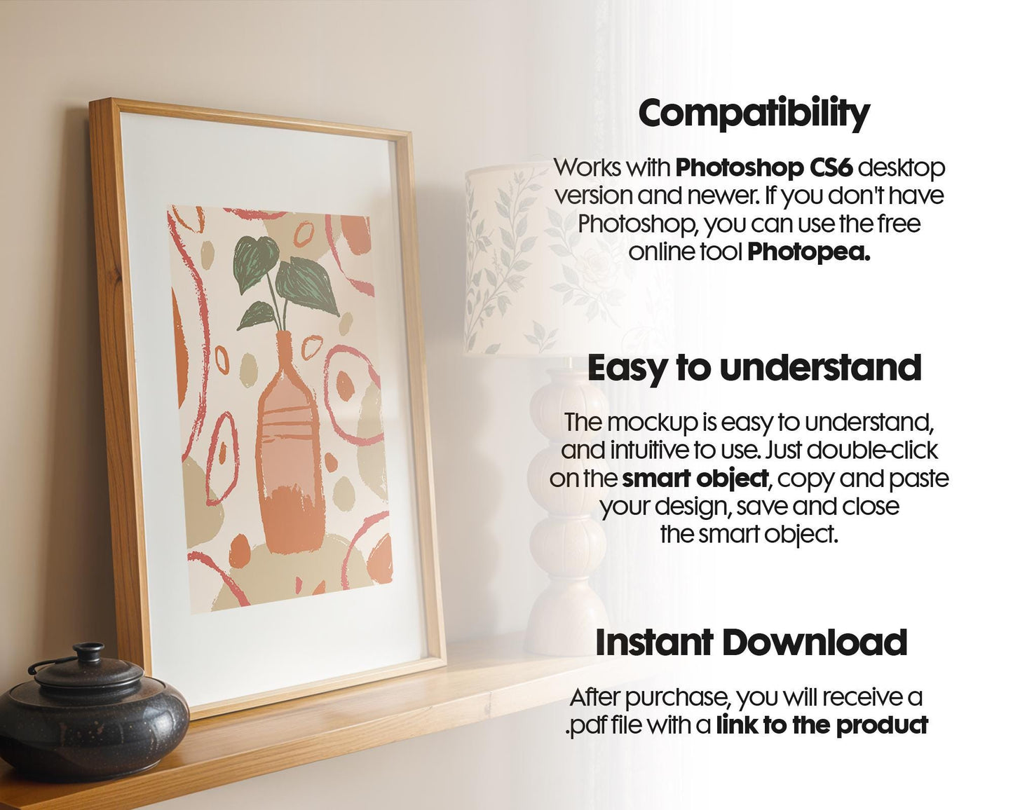 Blank Wooden Poster Frame Mockup, Room Frame Mockup, Minimalist Frame Mockup for Digital Download, Posters and Artwork Instant Download