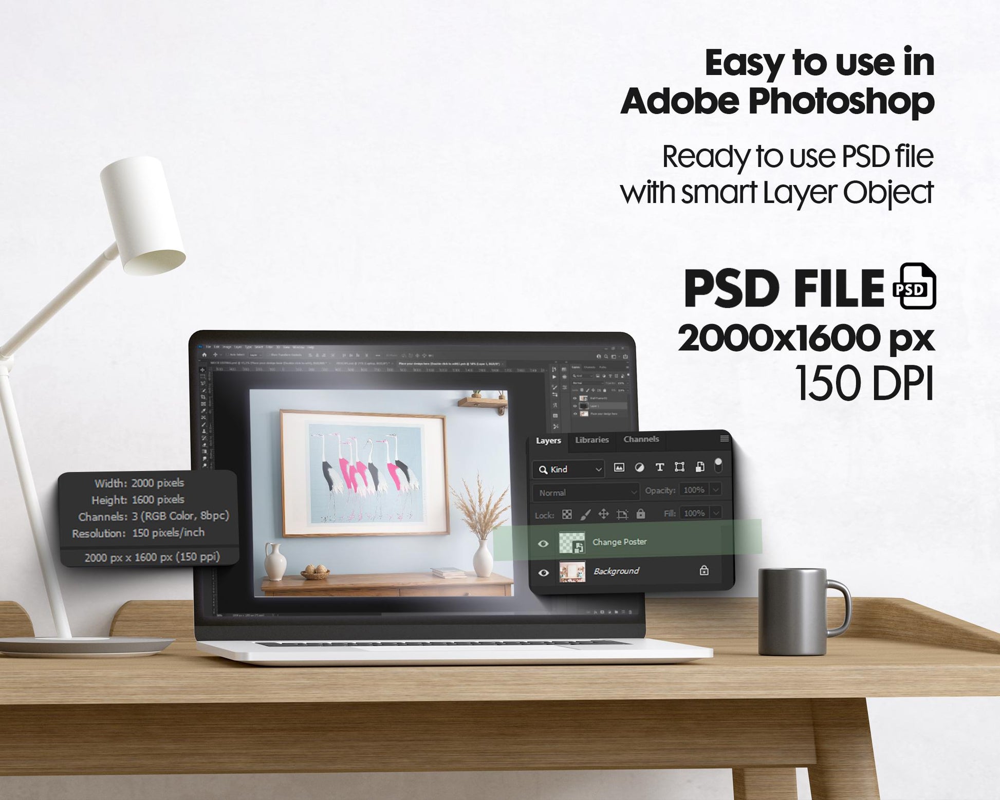 Horizontal Frame Mockup PSD, Scandinavian Wooden Frame Mockup, Poster Mockup PSD , Frame Mockup for Print, Frame Mockup Smart Object