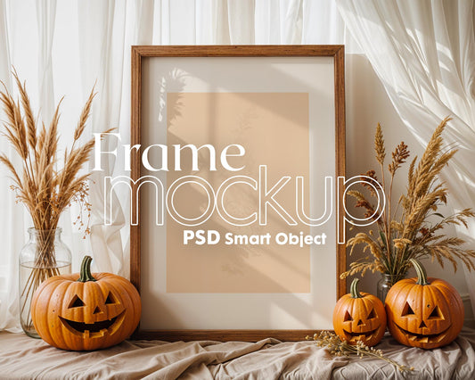 Halloween Frame Mockup PSD, Halloween Wall Art, Rustic Autumn & Pumpkins Vertical Artwork, Spooky Art Mockup,