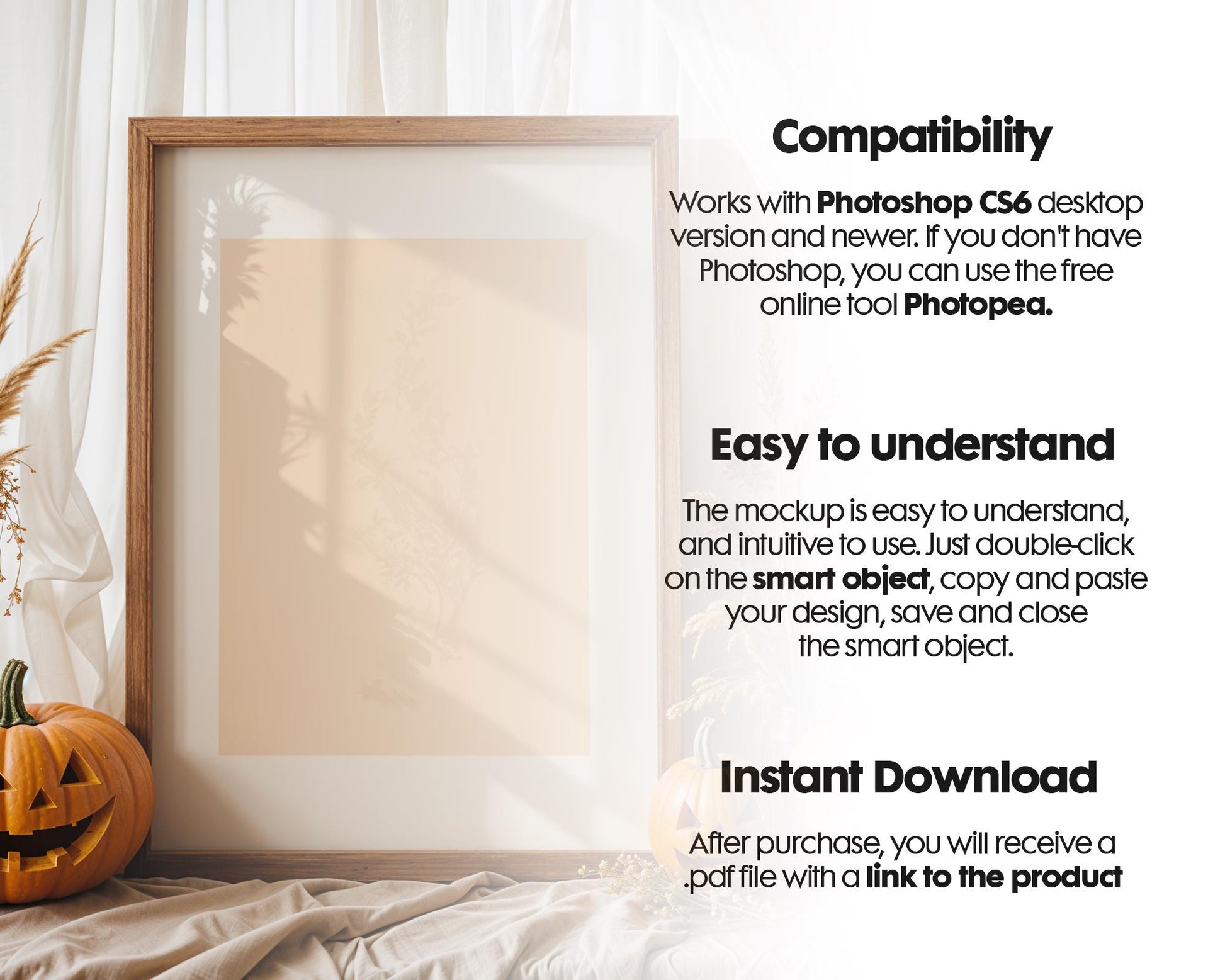 Halloween Frame Mockup PSD, Halloween Wall Art, Rustic Autumn & Pumpkins Vertical Artwork, Spooky Art Mockup,