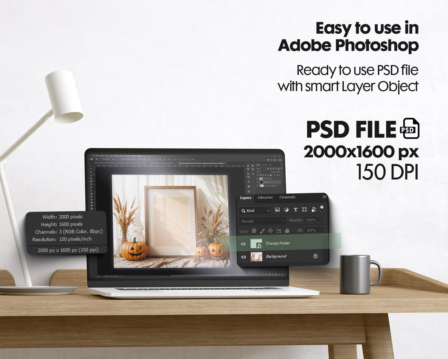 Halloween Frame Mockup PSD, Halloween Wall Art, Rustic Autumn & Pumpkins Vertical Artwork, Spooky Art Mockup,