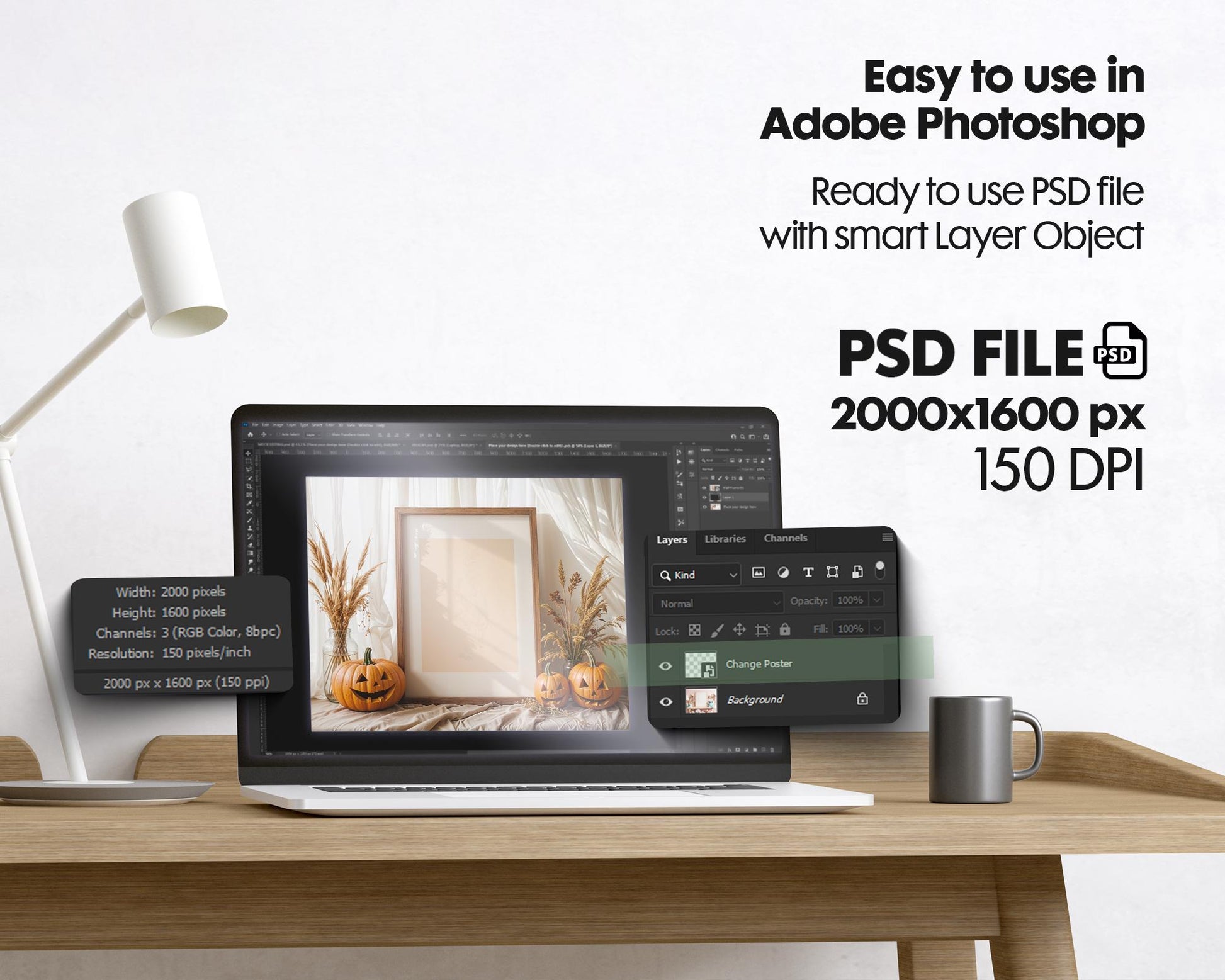 Halloween Frame Mockup PSD, Halloween Wall Art, Rustic Autumn & Pumpkins Vertical Artwork, Spooky Art Mockup,