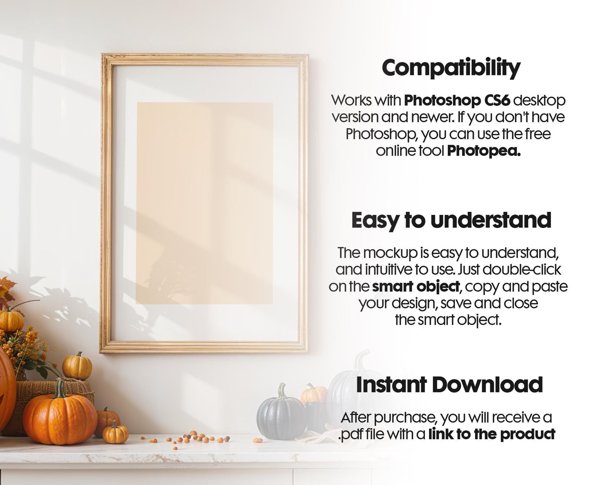 Halloween Frame Mockup PSD, Halloween Wall Art, Rustic Autumn & Pumpkins Vertical Artwork, Spooky Art Mockup,