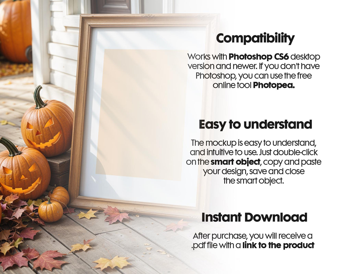 Halloween Frame Mockup PSD, Halloween Wall Art, Rustic Autumn & Pumpkins Vertical Artwork, Spooky Art Mockup,
